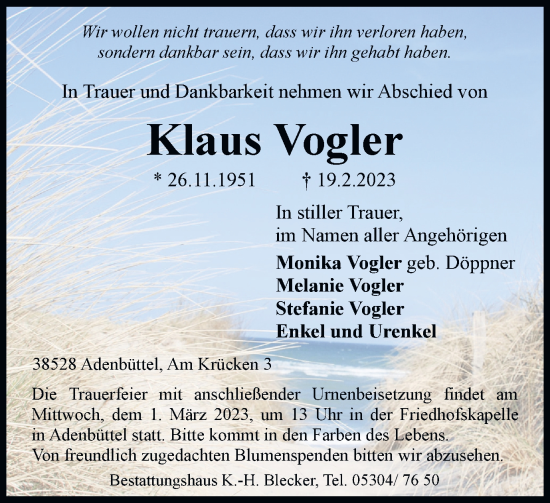 Traueranzeige von Klaus Vogler von Wolfsburger Nachrichten