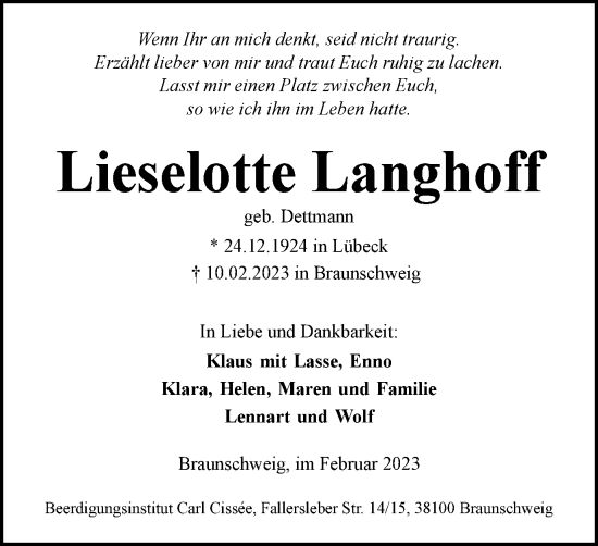 Traueranzeige von Lieselotte Langhoff von Braunschweiger Zeitung