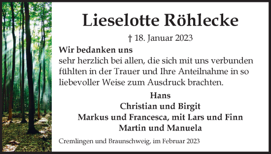 Traueranzeige von Lieselotte Röhlecke von Braunschweiger Zeitung