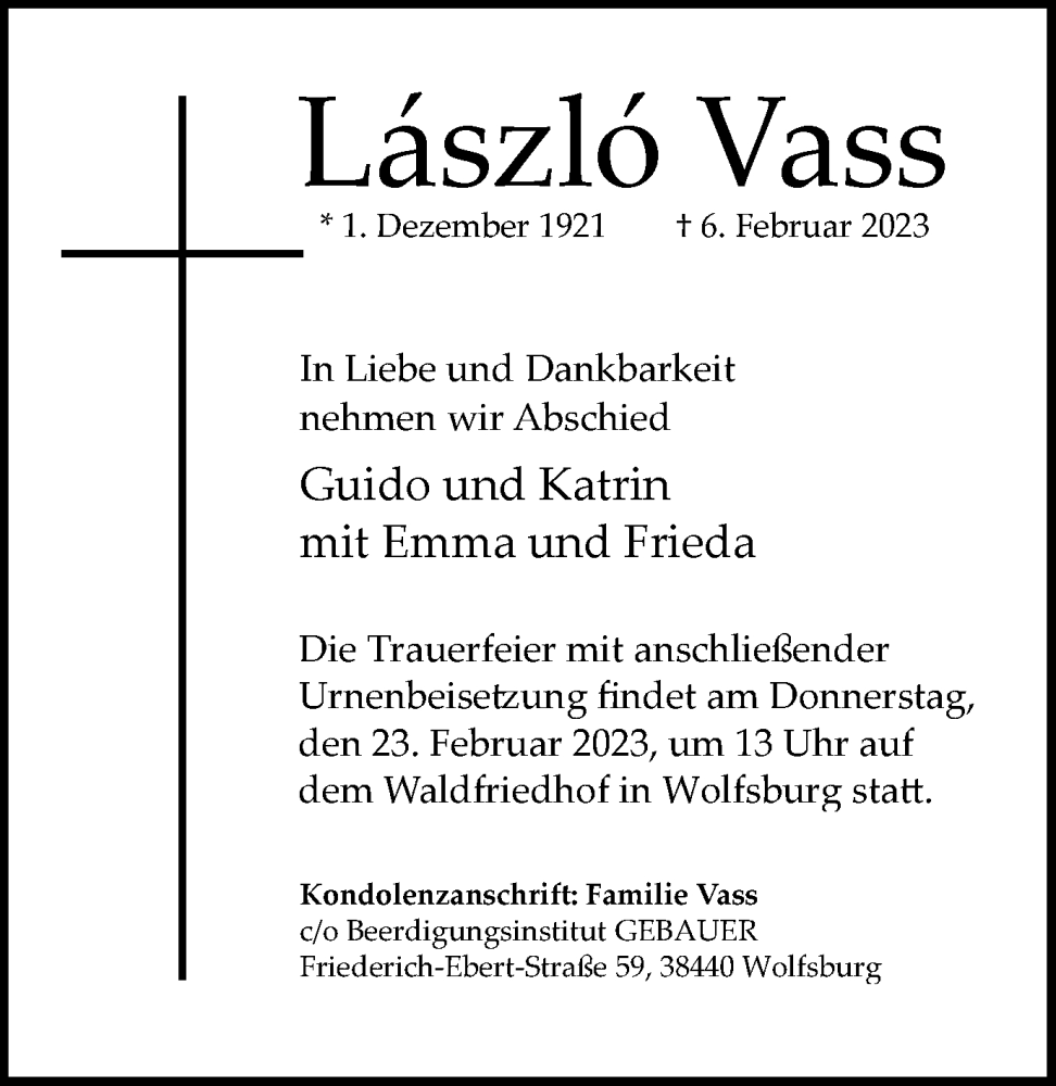  Traueranzeige für László Vass vom 11.02.2023 aus Wolfsburger Nachrichten