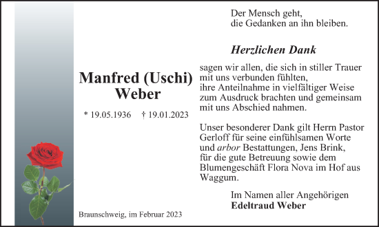 Traueranzeige von Manfred Weber von Braunschweiger Zeitung