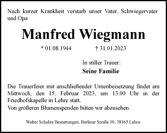 Traueranzeige von Manfred Wiegmann von Helmstedter Nachrichten