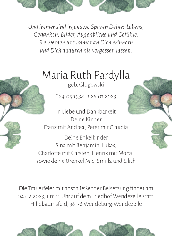 Traueranzeige von Maria Ruth Pardylla von Braunschweiger Zeitung