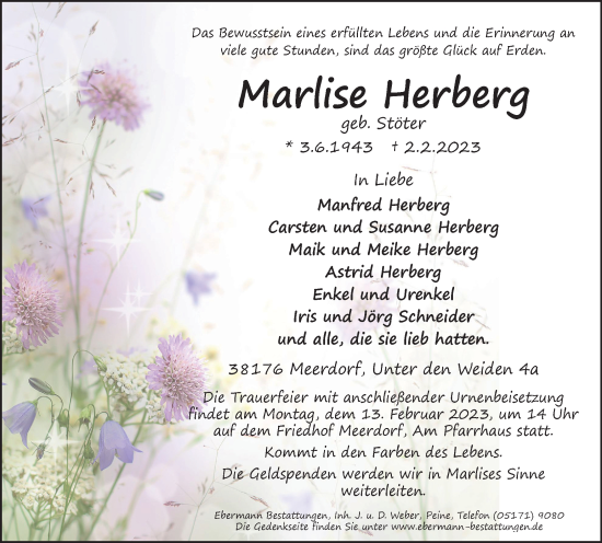 Traueranzeige von Marlise Herberg von Peiner Nachrichten