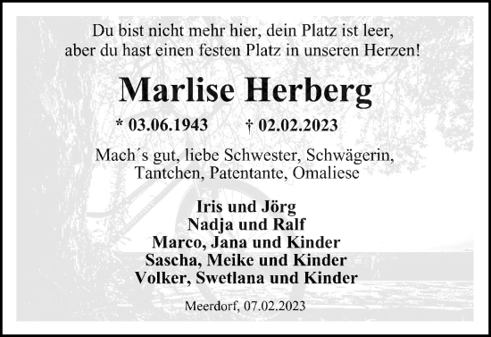 Traueranzeige von Marlise Herberg von Peiner Nachrichten