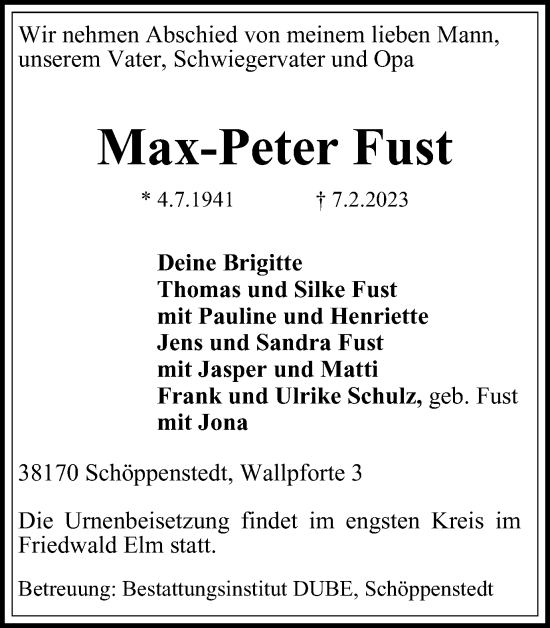 Traueranzeige von Max-Peter Fust von Wolfenbütteler Zeitung