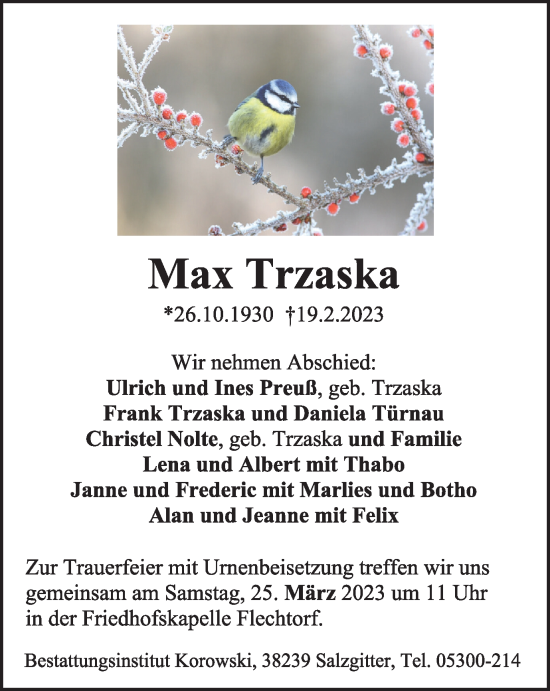 Traueranzeige von Max Trzaska von Wolfsburger Nachrichten, Helmstedter Nachrichten