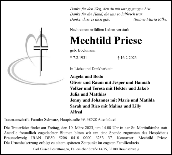 Traueranzeige von Mechtild Priese von Braunschweiger Zeitung