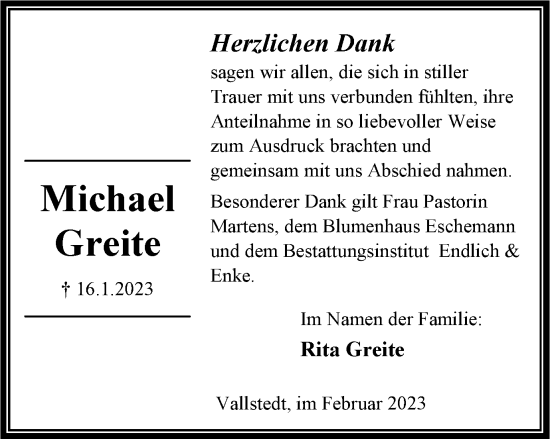 Traueranzeige von Michael Greite von Peiner Nachrichten