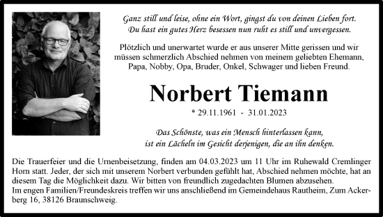 Traueranzeige von Norbert Tiemann von Neue Braunschweiger am Samstag