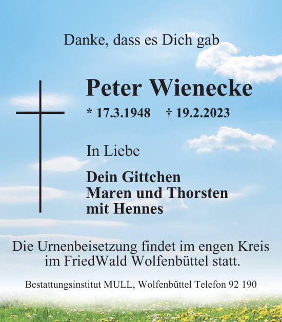 Traueranzeige von Peter Wienecke von Wolfenbütteler Zeitung