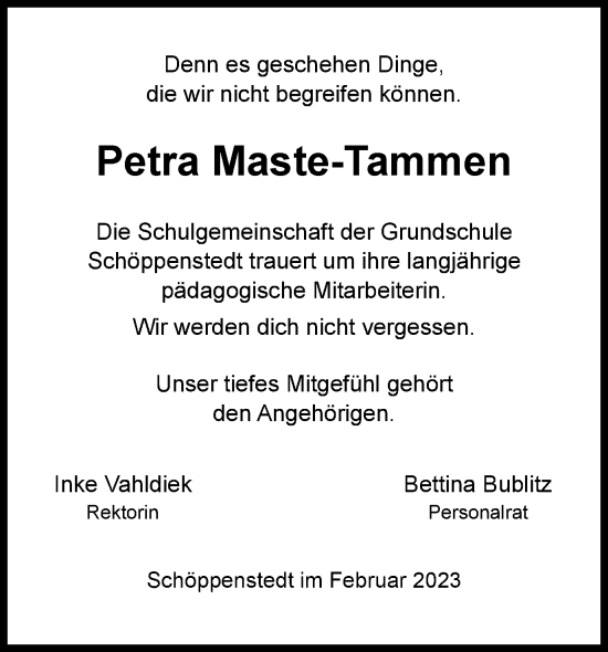 Traueranzeige von Petra Maste-Tammen von Wolfenbütteler Zeitung