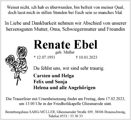 Traueranzeige von Renate Ebel von Braunschweiger Zeitung