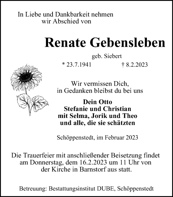 Traueranzeige von Renate Gebensleben von Braunschweiger Zeitung