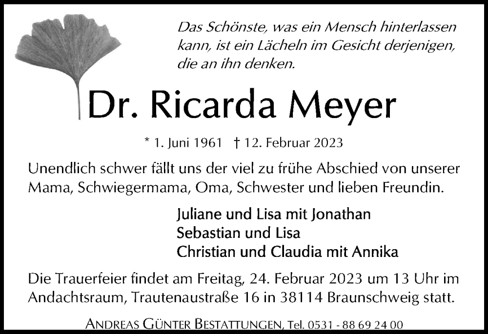  Traueranzeige für Ricarda Meyer vom 18.02.2023 aus Braunschweiger Zeitung