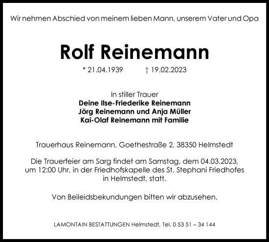 Traueranzeige von Rolf Reinemann von Helmstedter Nachrichten