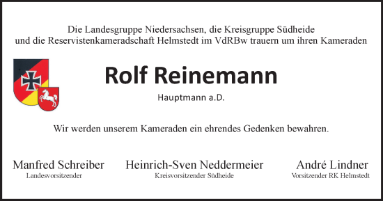 Traueranzeige von Rolf Reinemann von Helmstedter Nachrichten