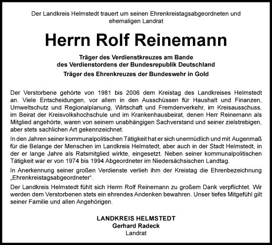 Traueranzeige von Rolf Reinemann von Helmstedter Nachrichten