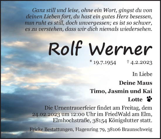 Traueranzeige von Rolf Werner von Neue Braunschweiger am Samstag