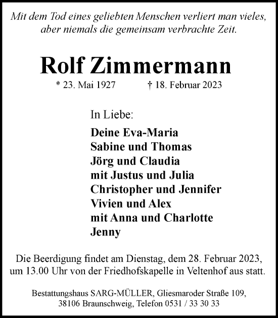 Traueranzeige von Rolf Zimmermann von Braunschweiger Zeitung