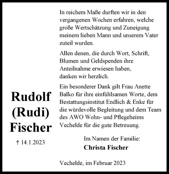 Traueranzeige von Rudolf Fischer von Peiner Nachrichten