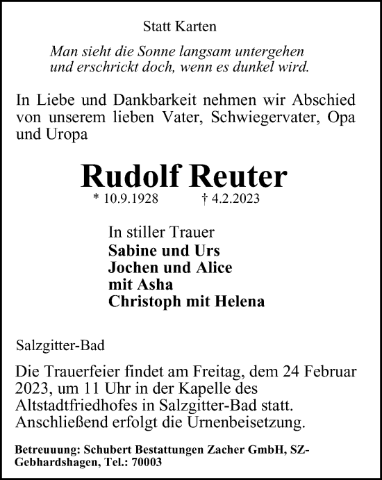 Traueranzeige von Rudolf Reuter von Salzgitter-Zeitung