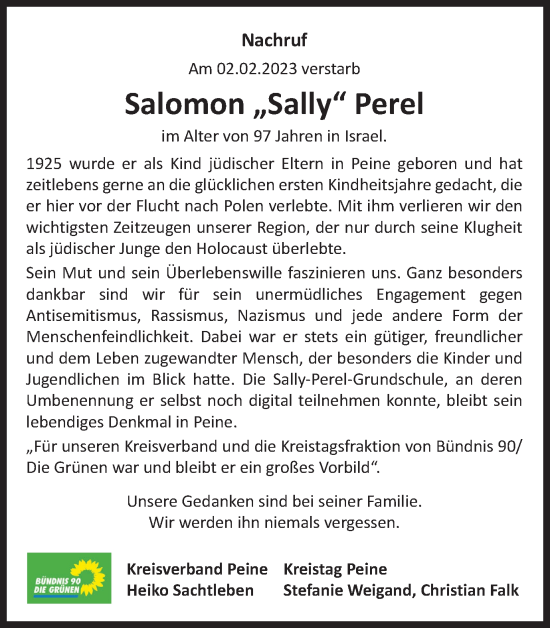 Traueranzeige von Salomon Perel von Peiner Nachrichten