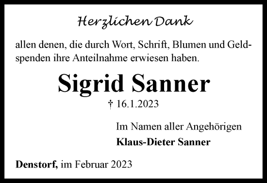 Traueranzeige von Sigrid Sanner von Peiner Nachrichten