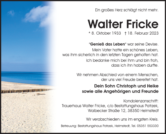 Traueranzeige von Walter Fricke von Wolfsburger Nachrichten