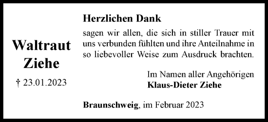 Traueranzeige von Waltraut Ziehe von Braunschweiger Zeitung