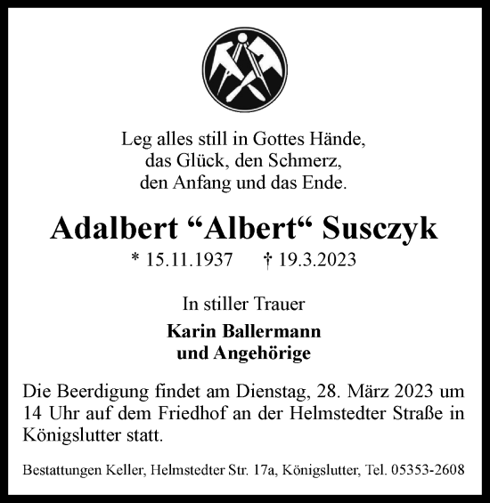 Traueranzeige von Adalbert Susczyk von Helmstedter Nachrichten