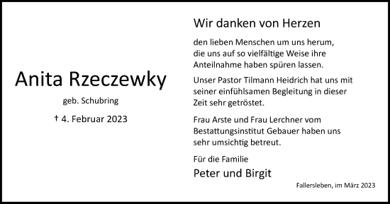 Traueranzeige von Anita Rzeczewky von Wolfsburger Nachrichten