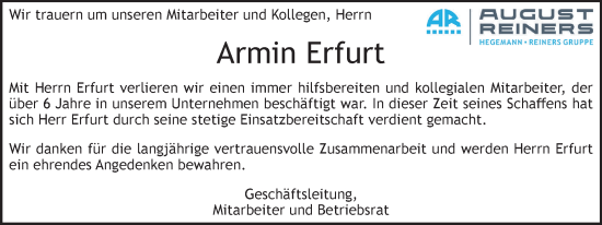 Traueranzeige von Armin Erfurt von Peiner Nachrichten