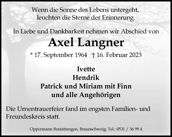 Traueranzeige von Axel Langner von Wolfenbütteler Zeitung