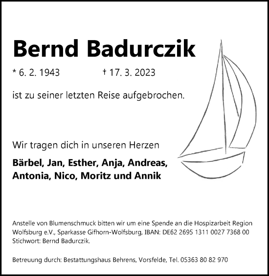 Traueranzeige von Bernd Badurczik von Wolfsburger Nachrichten