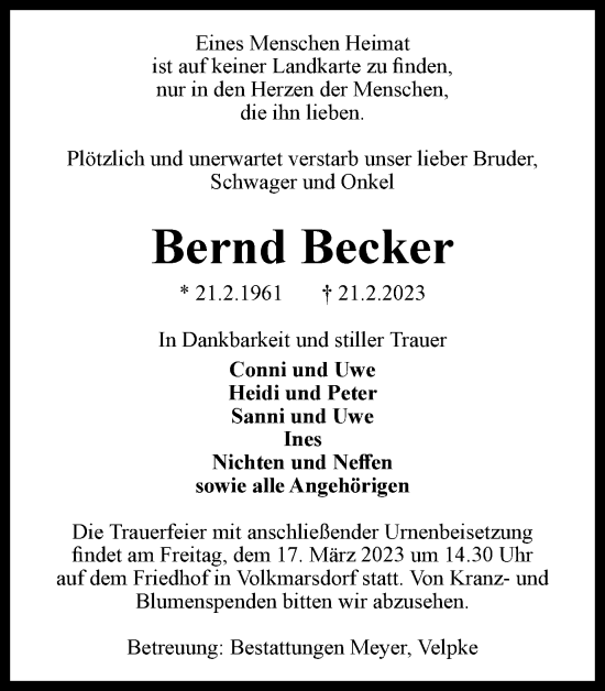 Traueranzeige von Bernd Becker von Helmstedter Nachrichten