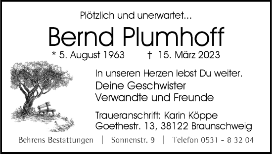 Traueranzeige von Bernd Plumhoff von Braunschweiger Zeitung