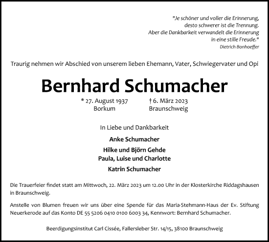 Traueranzeige von Bernhard Schumacher von Braunschweiger Zeitung