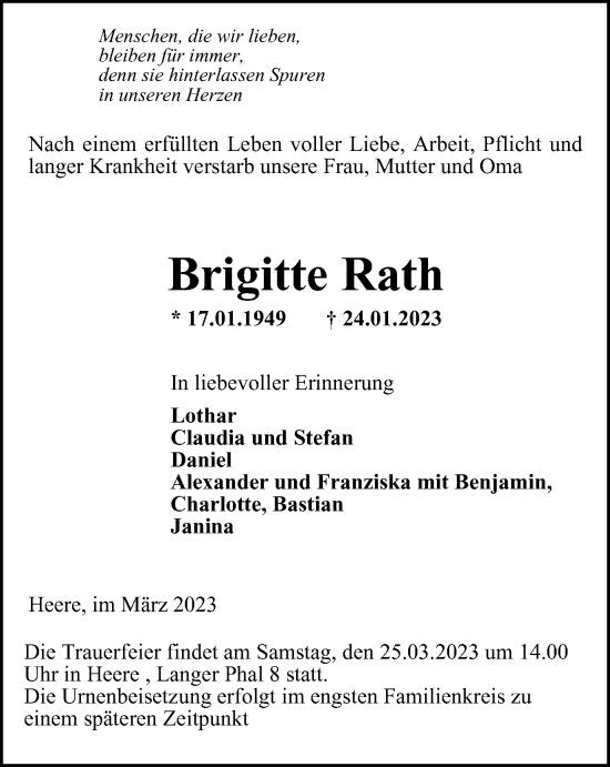 Traueranzeige von Brigitte Rath von Salzgitter-Zeitung