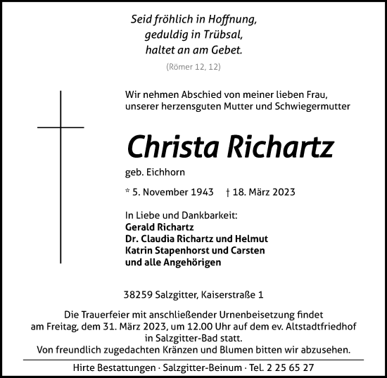 Traueranzeige von Christa Richartz von Salzgitter-Zeitung