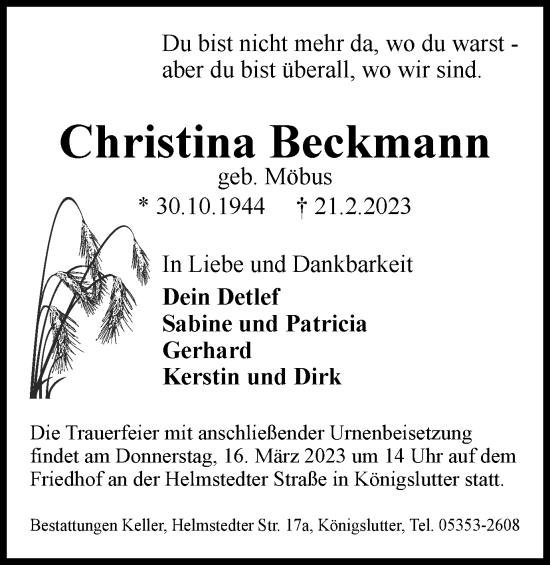 Traueranzeige von Christina Beckmann von Helmstedter Nachrichten