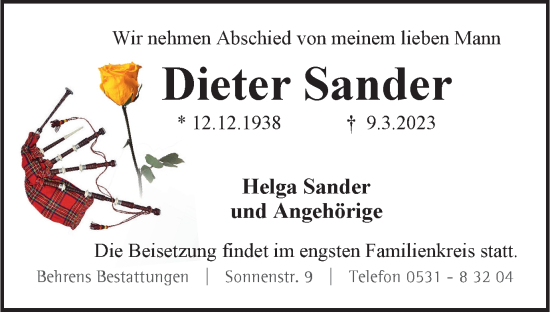 Traueranzeige von Dieter Sander von Braunschweiger Zeitung