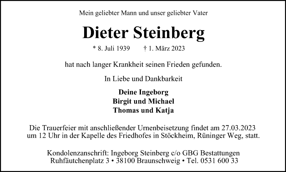  Traueranzeige für Dieter Steinberg vom 21.03.2023 aus Braunschweiger Zeitung