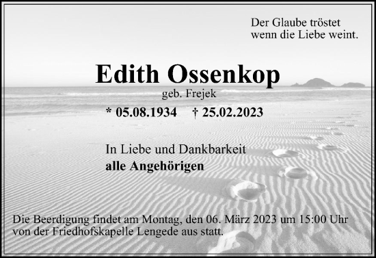 Traueranzeige von Edith Ossenkop von Salzgitter-Zeitung, Peiner Nachrichten