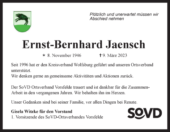 Traueranzeige von Ernst-Bernhard Jaensch von Wolfsburger Nachrichten