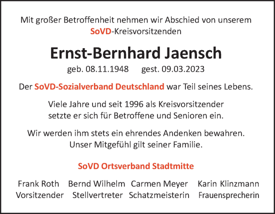 Traueranzeige von Ernst-Bernhard Jaensch von Wolfsburger Nachrichten