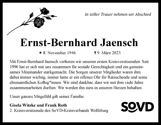 Traueranzeige von Ernst-Bernhard Jaensch von Wolfsburger Nachrichten