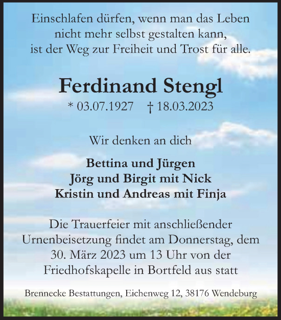 Traueranzeige von Ferdinand Stengl von Peiner Nachrichten