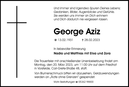 Traueranzeige von George Aziz von Wolfsburger Nachrichten