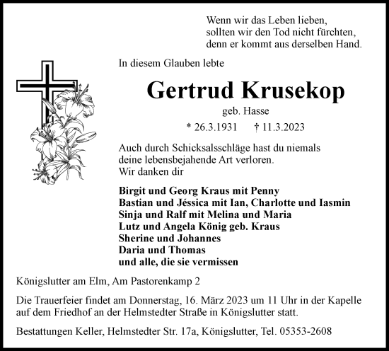 Traueranzeige von Gertrud Krusekop von Helmstedter Nachrichten